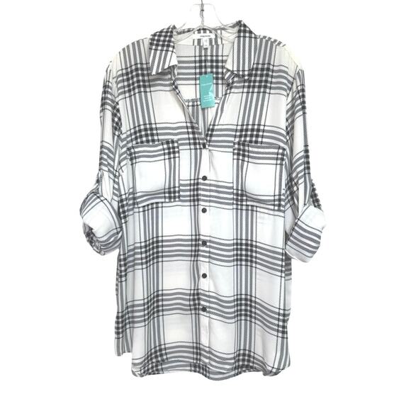 Maurices Women’s Plaid Button Front Tab Sleeve Blouse XXL Winter White Black - Picture 1 of 11